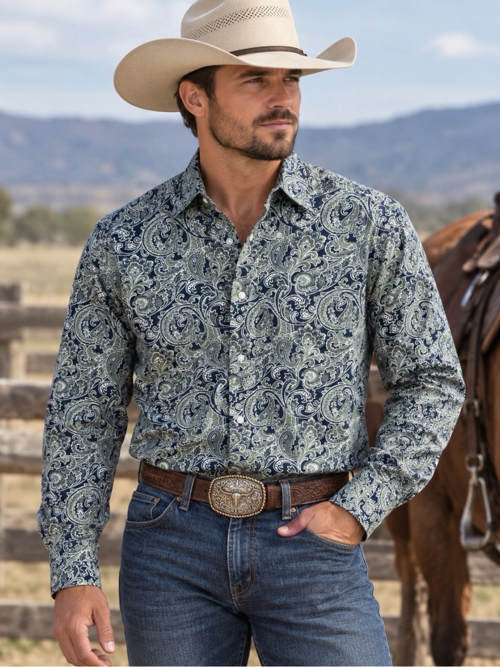 Stetson Navy and White Paisley Button-Down Shirt